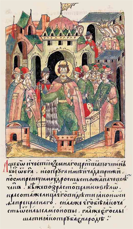 Изображение Александра Ярославича на миниатюре Лицевого летописного свода 1568–1576 гг. (Т. 6, стр. 8)