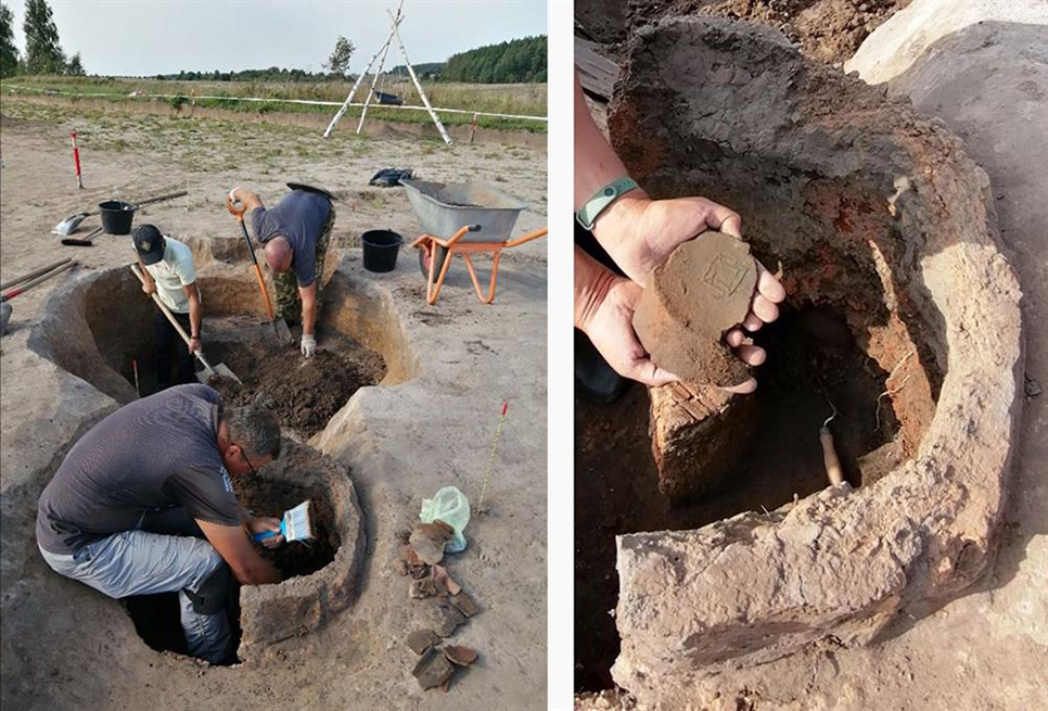 Селище Катышево 1.
Слева: процесс разбора заполнения горна и предгорновой ямы.
Справа: фрагмент донца красноглиняного горшка с клеймом из нижней части заполнения горна